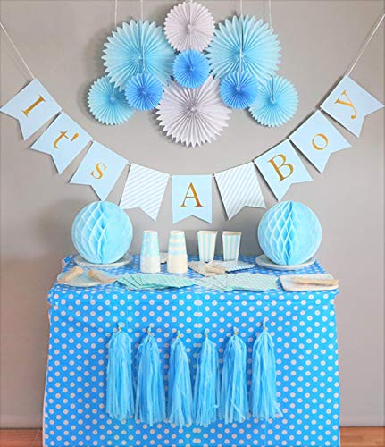 Product Cover Baby Shower Decorations for Boy kit, It's A Boy Banner Pre-Strung, Blue and Gold Foil,Boy Baby Shower Set,Tissue Paper, Fans, Honeycomb Paper Balls, Tassels, Hanging, Party Supplies,