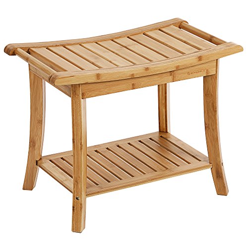 Product Cover SONGMICS Bamboo Shower Bench Seat, Portable Spa Bathing Stool, with Towel Shelf for Indoor or Outdoor, Handles, Natural UBCB25Y