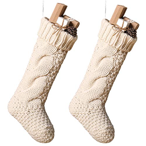 Product Cover Toes Home 18 Inch Knitted Christmas Stockings, Pack 2 Xmas Gift Bags Cream