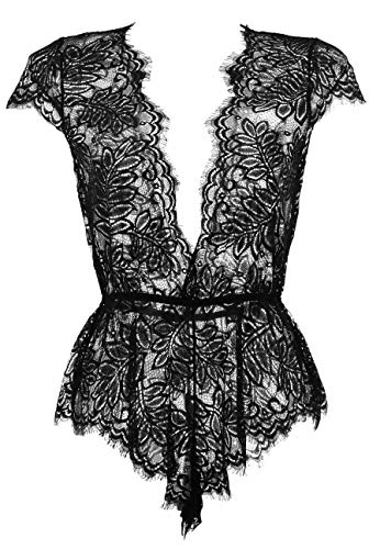 Product Cover Anyou Womens Lingerie V Neck Lace Bodysuit Mini Babydoll Features Plunging Eyelash L-Black