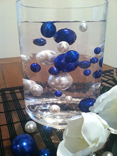 Product Cover Vase Filler Pearls for Floating Pearl Centerpiece, 50 Royal Blue/White Pearls, Jumbo & Mix Size Pearls (Transparent Gel Beads Required to Create Floating Pearls Sold Separately)