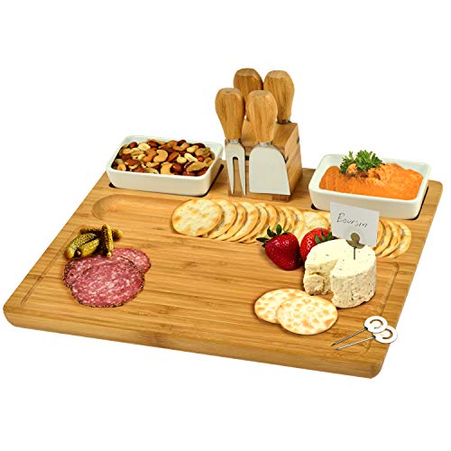 Product Cover Picnic at Ascot Large Bamboo Cheese Board/Charcuterie Platter with 4 Stainless Steel Tools, 2 Ceramic Trays & Cheese Markers -16