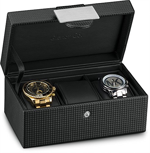 Product Cover Glenor Co Travel Watch Case - 3 Slot Luxury Organizer Box, Carbon Fiber Design for Mens Jewelry Watches, Men's Storage Holder Boasts Metal Buckle & Leather Pillows, Small for Traveling - Black