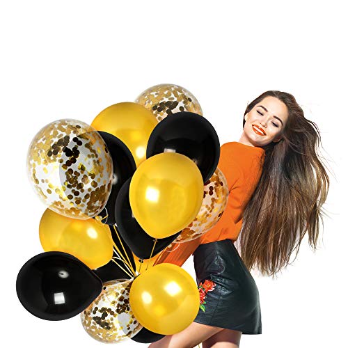 Product Cover Black and Gold Balloons Gold Confetti Balloon Pack of 44 Party Kit for Birthday Mommy to Bee Baby Shower Birthday Wedding Graduation Decorations