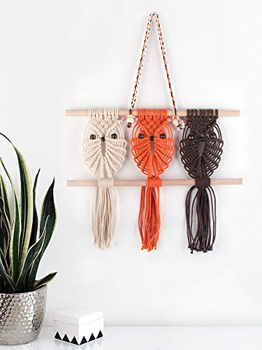 Product Cover Three Owls Macrame Woven Wall Hanging Art Decor - Cute Boho Chic Decorations for Baby Nursery Little Kids Room, Best Friend Gifts for Owl Lovers