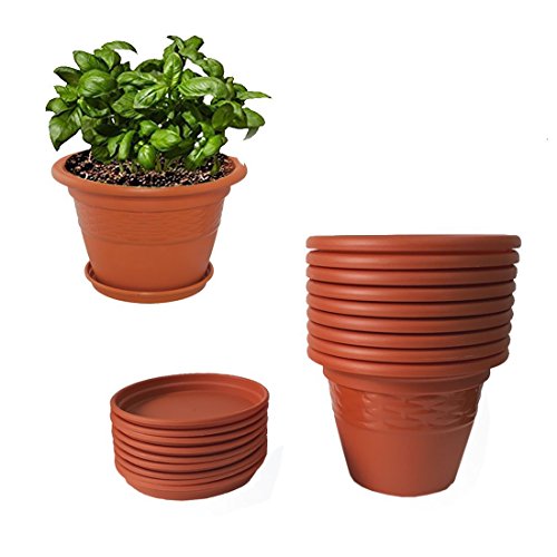 Product Cover Meded Siti Plast 10 Inch Heavy Duty Plastic Planter Pots With Bottom Tray (Pack Of 9) Colour - Terracotta
