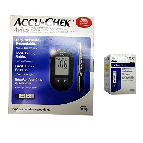 Product Cover Accu-Chek Aviva Blood Glucometer with 10 test strips, 1 Softclix lancets device, lancets, carry case and Instruction guide