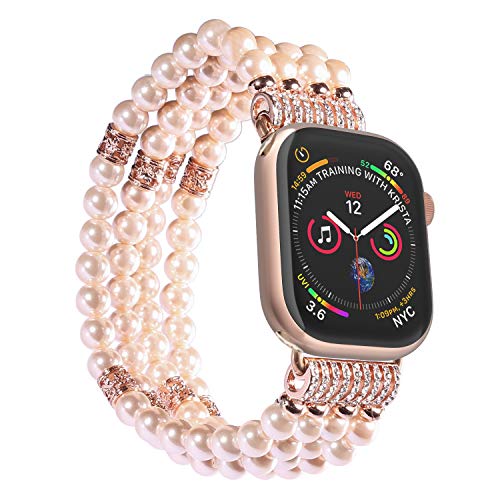 Product Cover Imymax Replacement for Apple Watch Band 38mm/40mm Handmade Beaded Elastic Stretch Faux Pearl Bracelet Replacement iWatch Strap/Wristband for iWatch Series 4/3/2/1 - Pink for Women Girl