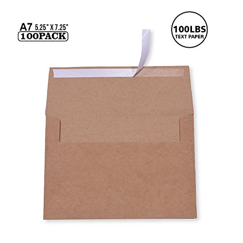Product Cover 100 Pack A7 Brown Kraft Paper Invitation 5 x 7 Envelopes - Quick Self Seal for 5x7 Cards| Perfect for Weddings, Invitations, Baby Shower| Stationery for General, Office | 5.25 x 7.25 Inches