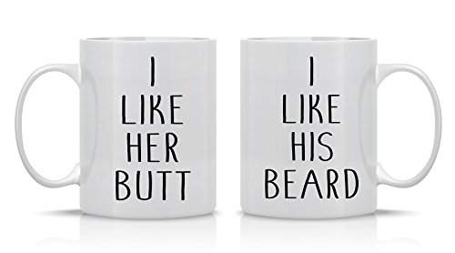 Product Cover I Like His Beard, I Like Her Butt - 11oz Funny Ceramic Coffee Mug Couples Sets - Husband and Wife, Bride and Groom Anniversary or Engagement Gifts - His and Her Gift Set - By CBT Mugs