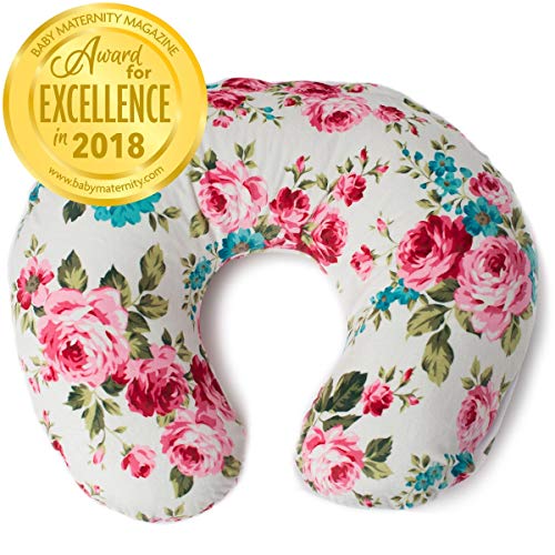 Product Cover Minky Nursing Pillow Cover | White Floral Pattern Slipcover | Best for Breastfeeding Moms | Soft Fabric Fits Snug On Infant Nursing Pillows to Aid Mothers While Breast Feeding | Great Baby Shower Gift