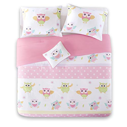 Product Cover Comfort Spaces Kid 4 Piece Full/Queen Bed Comforter Cute Owl Animal Flowers Poka Dot Striped Design Decor Girls Down All Season Alternative Bedspread Set, Pink