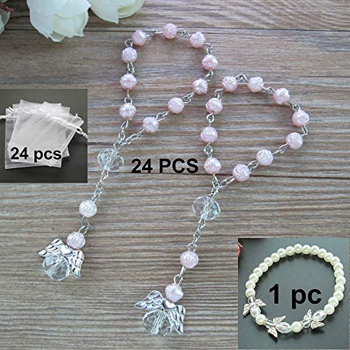 Product Cover 24 Pcs Pink Mini Rosary Baptism Favors with Angels for Girl Recuerdos de Bautizo Finger Rosaries Silver Plated