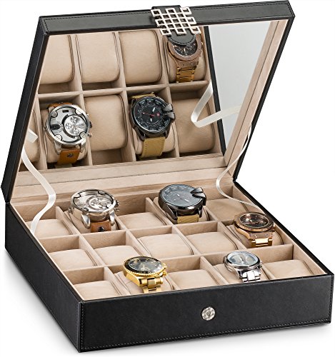 Product Cover Glenor Co. Watch Box for Women - 15 Slot Classic Watch Case Display Organizer with Modern Buckle -Black