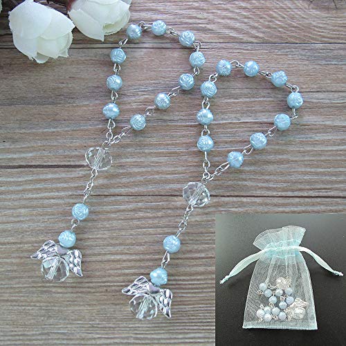Product Cover 24 Pcs Blue Mini Rosary Baptism Favors with Angels for Boy Recuerdos de Bautizo Finger Rosaries Silver Plated