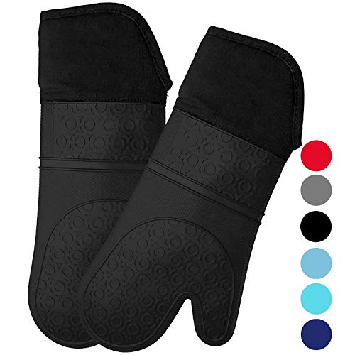 Product Cover Homwe Extra Long Silicone Oven Mitts with Quilted Cotton Lining - Professional Heat Resistant Kitchen Pot Holders - 1 Pair (Black)