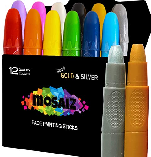 Product Cover Face Paint Crayon 12 Colors with Gold and Silver Face Painting Sticks for Kids Washable Twistable Crayons Kit for Kids Face Hair Body Paint Water Based Non-Toxic Set Halloween Makeup Marker