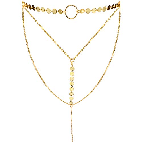 Product Cover Suyi Stylish Layered Sequins Choker Necklace with Thin Long Chain Pendant for Women Lady Girl A-Gold