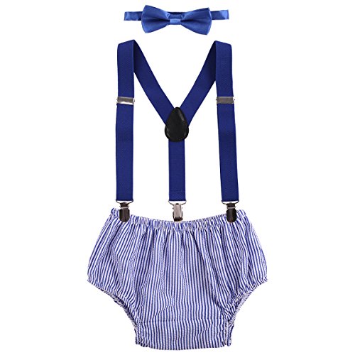 Product Cover Baby Boys Cake Smash Outfit First Birthday Bloomers Bowtie Adjustable Y Back Suspenders Clothes set Royal Blue Striped One Size