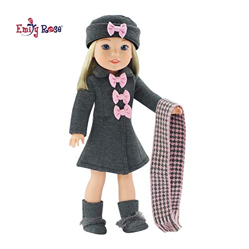 Product Cover 14 Inch Doll Clothes/Clothing | Lovely Grey and Pink Coat Outfit, Includes Incredible Matching Hat and Boots and Perfect Hounds Tooth Scarf | Fits American Girl Wellie Wishers Dolls by Emily Rose Doll Clothes