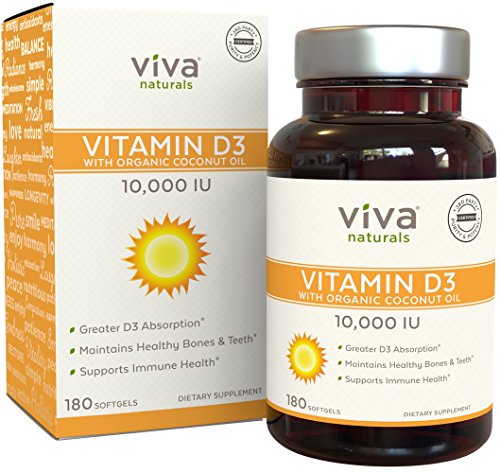 Product Cover Viva Naturals Vitamin D3 (10,000 IU) - High Potency Vitamin D with Organic Coconut Oil, 180 Softgels