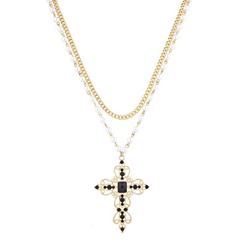 Product Cover Lux Accessories Gold Tone Faux Pearl Back Stone Filigree Cross PendantáNecklace
