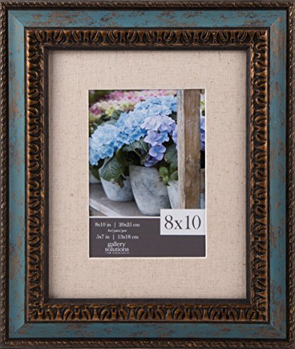 Product Cover GALLERY SOLUTIONS 8x10 Distressed Turquoise & Antique Gold Accent Wall Frame with Linen Mat For 5x7 Image