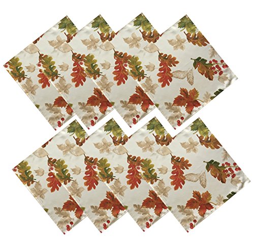 Product Cover Harvest Swaying Leaves Double Border Autumn Thanksgiving Fabric Print Napkin Set, Set of 8 Napkins