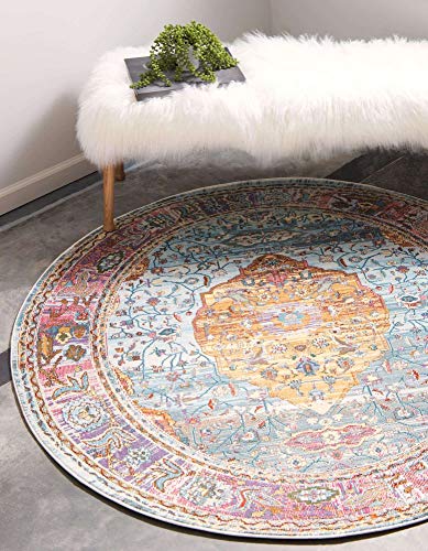 Product Cover Unique Loom Baracoa Collection Bright Tones Vintage Traditional Light Blue Round Rug (8' 4 x 8' 4)