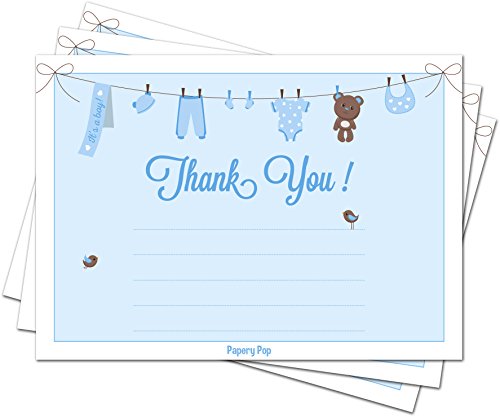 Product Cover 30 Baby Shower Thank You Cards for Boys with Envelopes (30 Pack) - Baptism or Baby Shower Thank You Notes - Fits Perfectly with Blue Baby Shower Invitations, Supplies and Decorations