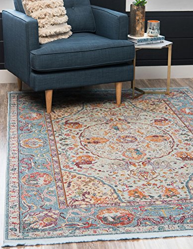 Product Cover Unique Loom Baracoa Collection Bright Tones Vintage Traditional Light Blue Area Rug (5' 5 x 8' 0)