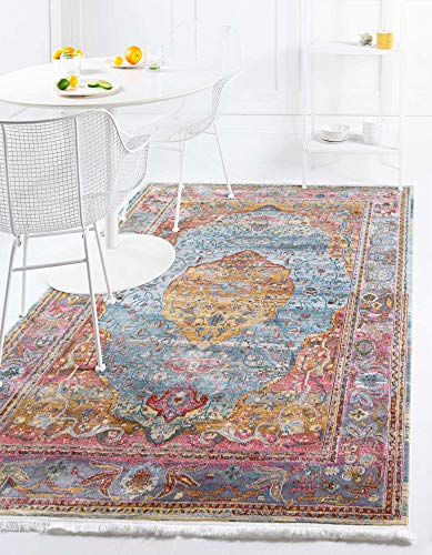 Product Cover Unique Loom Baracoa Collection Bright Tones Vintage Traditional Light Blue Area Rug (8' 4 x 10' 0)