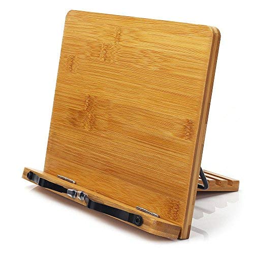 Product Cover Bamboo Book Stand,wishacc Adjustable Book Holder Tray and Page Paper Clips-Cookbook Reading Desk Portable Sturdy Lightweight Bookstand-Textbooks Bookstands-Music Books Tablet Cook Recipe Stands