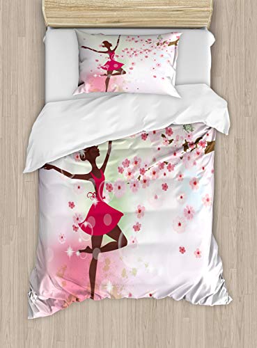 Product Cover Ambesonne Animal Duvet Cover Set, Butterfly Fairy Ballerina Princess Dancer Floral Branch Floral, Decorative 2 Piece Bedding Set with 1 Pillow Sham, Twin Size, Rose Pink