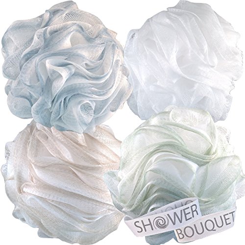Product Cover Loofah Bath Sponge XL 75g Soft Set by Shower Bouquet: 4 Pack Pastel Colors - Extra Large Mesh Pouf Scrubber for Men and Women - Exfoliate with Big Lathering Cleanse