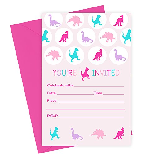 Product Cover Girls Dinosaur Birthday Party Invitations with Pink Envelopes (15 Pack) Kids Birthday, Baby Shower, Fill-In Invites