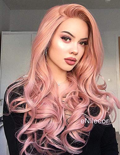 Product Cover eNilecor Pink Lace Front Wigs,Long Curly Synthetic Color Lace Wig Hair Replacement Wigs for Women 22 Inches with Wig Cap (Pink)