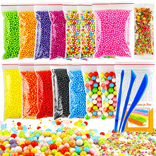Product Cover PP OPOUNT 19 Pack Colorful Foam Balls for Slimes 0.08-0.35 Inch with Tools and Fruit Slice for Slimes Making Art DIY Craft(Not Contain Slimes)