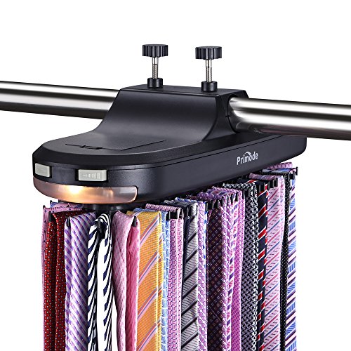 Product Cover Primode Motorized Tie Rack with LED Lights - Closet Organizer, Stores & Displays Up to 64 Ties Or Belts, Rotation operates with Batteries. Great Gift Idea (Black)