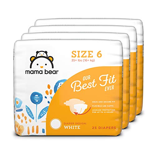Product Cover Amazon Brand - Mama Bear Best Fit Diapers Size 6, 100 Count, White Print (4 packs of 25) [Packaging May Vary]