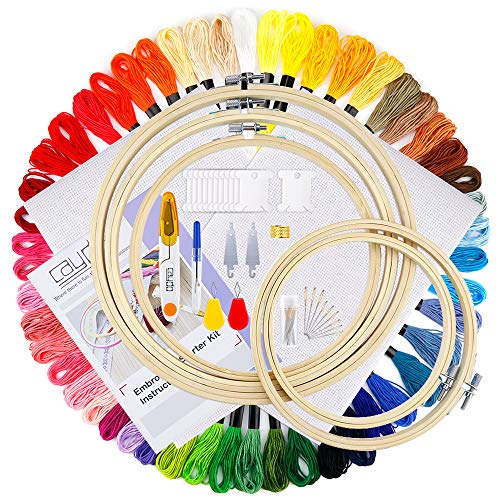 Product Cover Caydo Full Range of Embroidery Starter Kit Including Instructions, 5 Pieces Bamboo Embroidery Hoops, 50 Color Threads, 2 Pieces Aida Cloth, Circular Packing Bag and Cross Stitch Tool Kit for Beginners