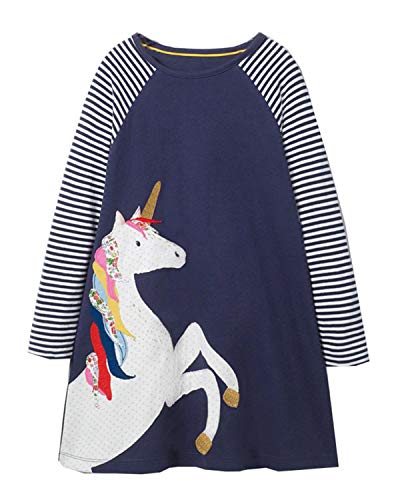 Product Cover Youlebao Girls Cotton Long Sleeve Casual Cartoon Appliques Striped Jersey Dresses