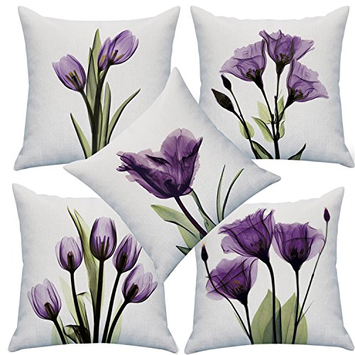 Product Cover YMSDZHL Print Elegant Tulip Purple Flower LinenThrow Pillow Cover Sofa Couch Art Painting for Living Room Decor Cushion Cover and Modern Home Decorations Pillowcase (1818 in, 5PCS)