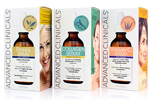 Product Cover Advanced Clinicals Complete Skin Care Set with Anti-Aging Retinol Serum, Plumping Collagen Serum, and Vitamin C Serum for wrinkles, dark spots, and uneven skin tone. Three large 1.75oz bottles