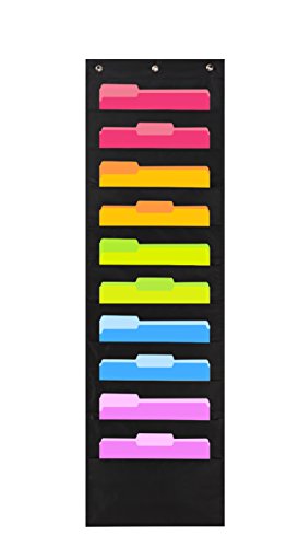 Product Cover Heavy Duty Storage Pocket Chart with 10 Pockets, 3 Over Door Hangers Included, Hanging Wall File Organizer by Hippo Creation - Organize Your Assignments, Files, Scrapbook Papers & More (Black)