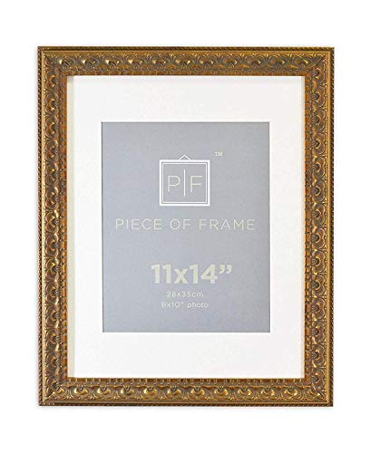 Product Cover Golden State Art, 11x14 Ornate Finish Photo Frame, with Ivory Mat for 8x10 Picture & Real Glass, Color: Bronze