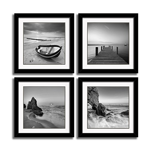 Product Cover HLJ ART Beach Wall Decor 4 Panels Black and White Theme Landscape Artwork Sea Canvas Prints Contemporary Black Frames Paintings for Home Decorations (Black 02, 12x12inchx4pcs)