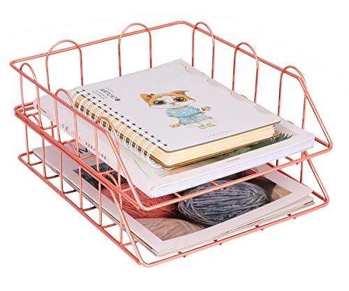 Product Cover Superbpag Set of 2 Office Supplies Metal Stackable File Document Letter Tray Organizer, Rose Gold