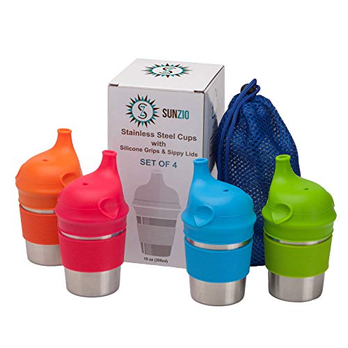 Product Cover Stainless Steel Cups with Silicone Sippy Lids & Grips for Kids Toddlers Babies (10oz, 4-Pack) BPA Free & Lab-Tested - Portable Carrying Pouch Included