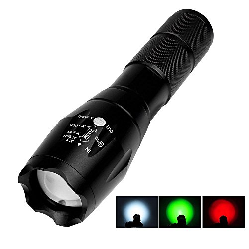 Product Cover LingsFire Portable Ultra Bright Handheld LED Flashlight Zoomable Scalable T6 Flashlight - Adjustable Focus, RGB 3 Colors Light and 5 Light Modes, Outdoor Water Resistant Torch(Red+Green+White light)
